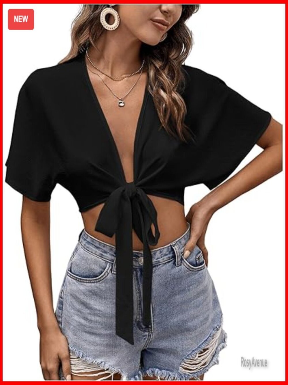 Deep V Neck Knot Front Blouse Short Sleeve Cropped Shirt Beach Vacation Kimono